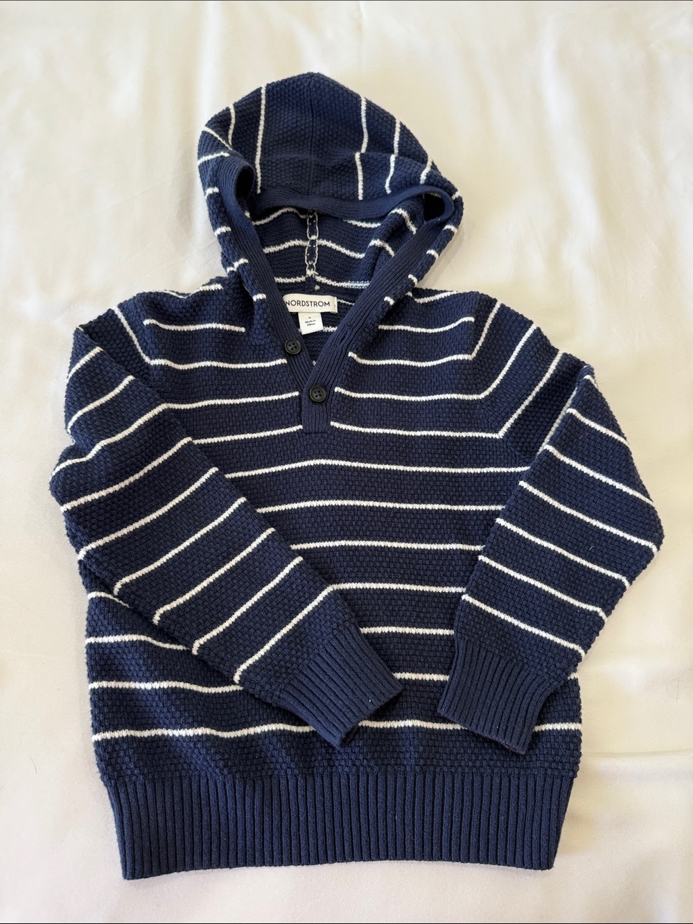 Nordstrom Navy and White Striped Hooded Henley Waffle Sweater